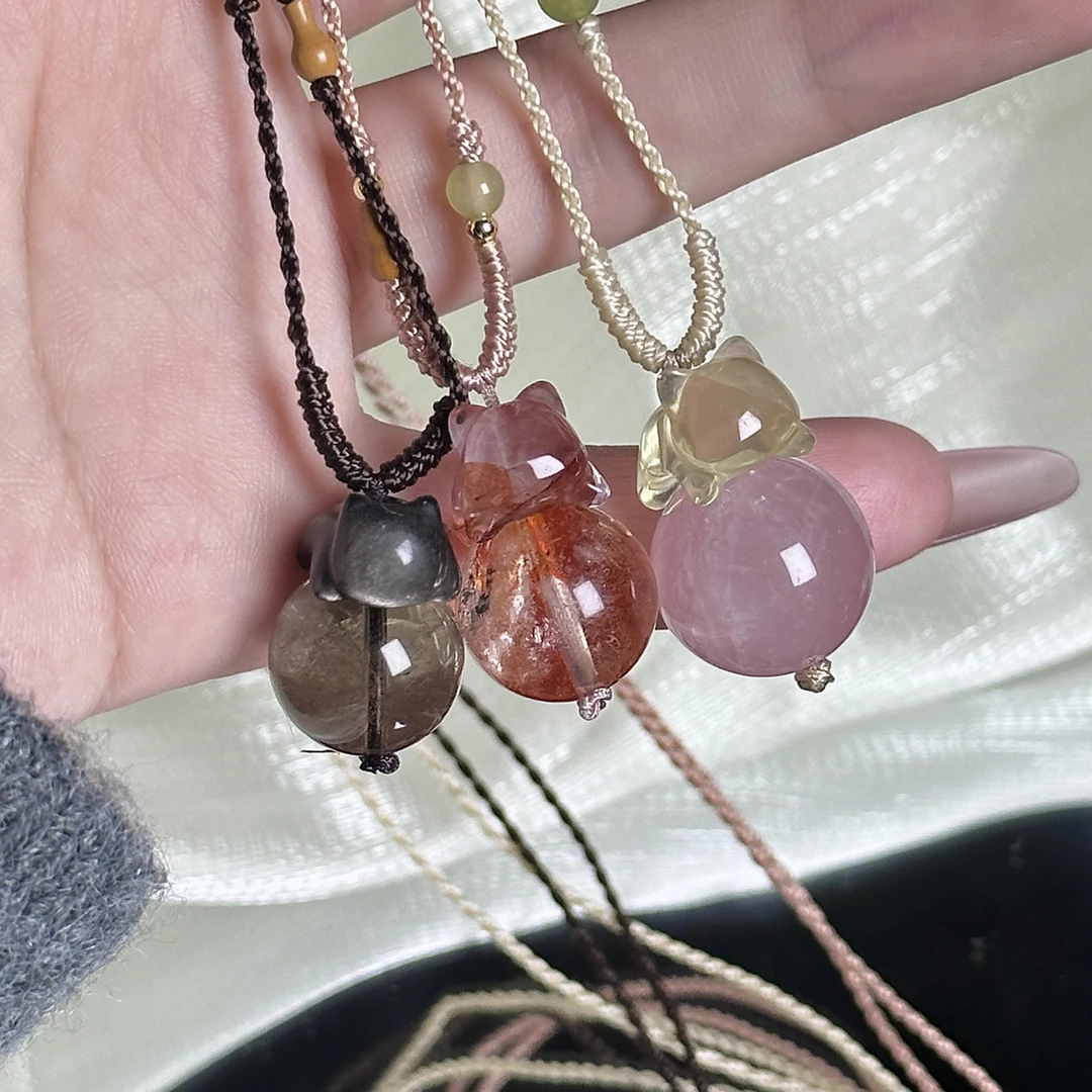 【小猫踩球记】风铃原创天然粉晶胶花茶晶项链 默认微瑕多样发其一