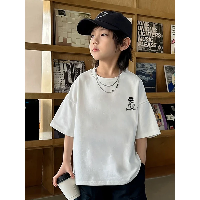 2025新款百搭短袖男童t恤卡通夏季不变形纯棉T恤印花学生慵懒风