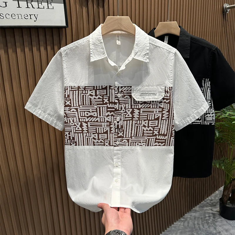 夏季潮牌拼接印花短袖衬衫男士轻奢时尚潮流休闲百搭青年宽松衬衣