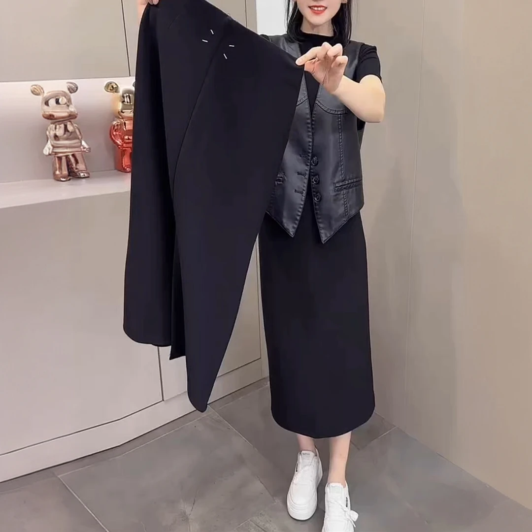 欧货黑色后开叉半身裙女秋冬新款高腰宽松长款显瘦包臀a字中长裙