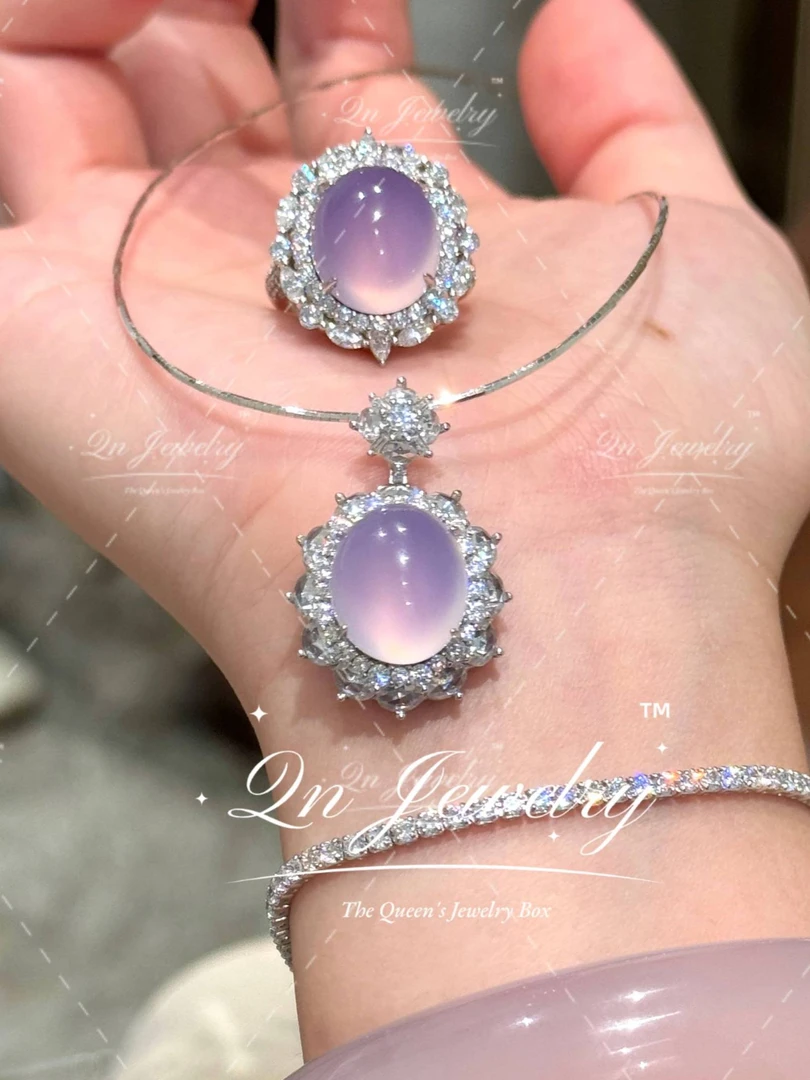 QnJewelry/ 紫罗兰豪镶鸽子蛋 s925银天然紫玉髓戒指项链