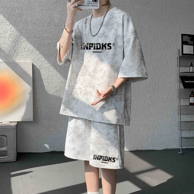 扎染脏脏字母印花休闲运动套装夏季圆领潮流搭配短袖短裤两件套男