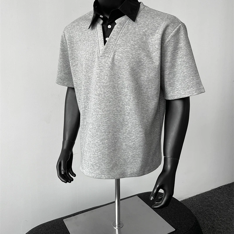 翻领短袖高级感痞帅polo衫半袖灰色美式重磅假两件t恤男小众设计