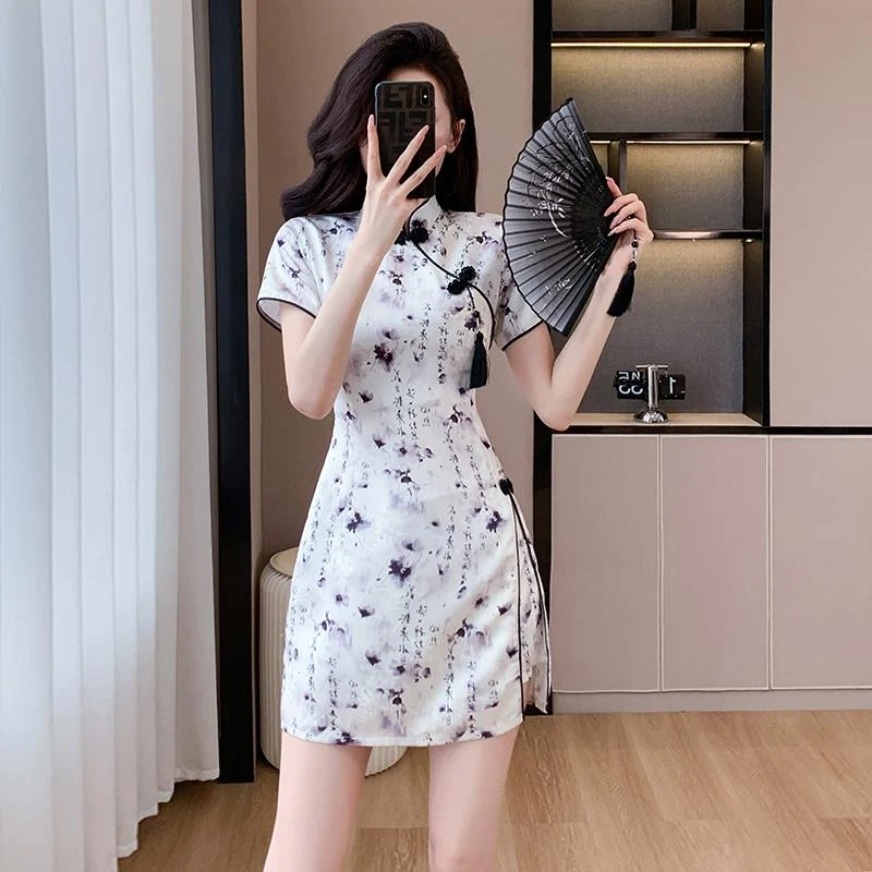 改良旗袍国风新中式套装连衣裙年轻款少女夏水墨画盘扣短裤两件套