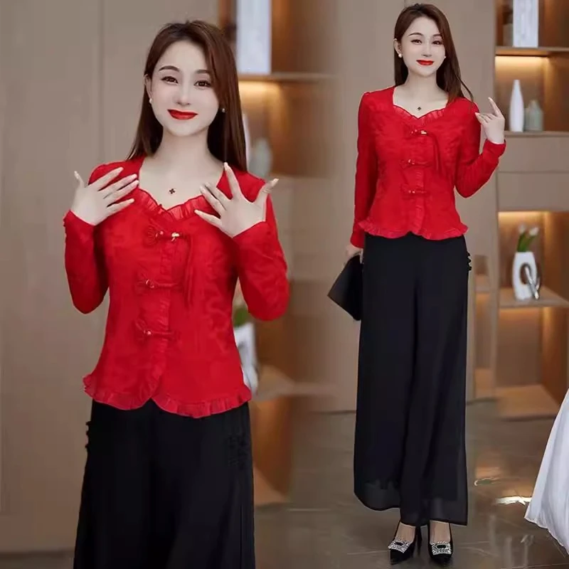 新中式时尚套装女2025春季新款洋气衣服女式国风衬衫阔腿裤两件套