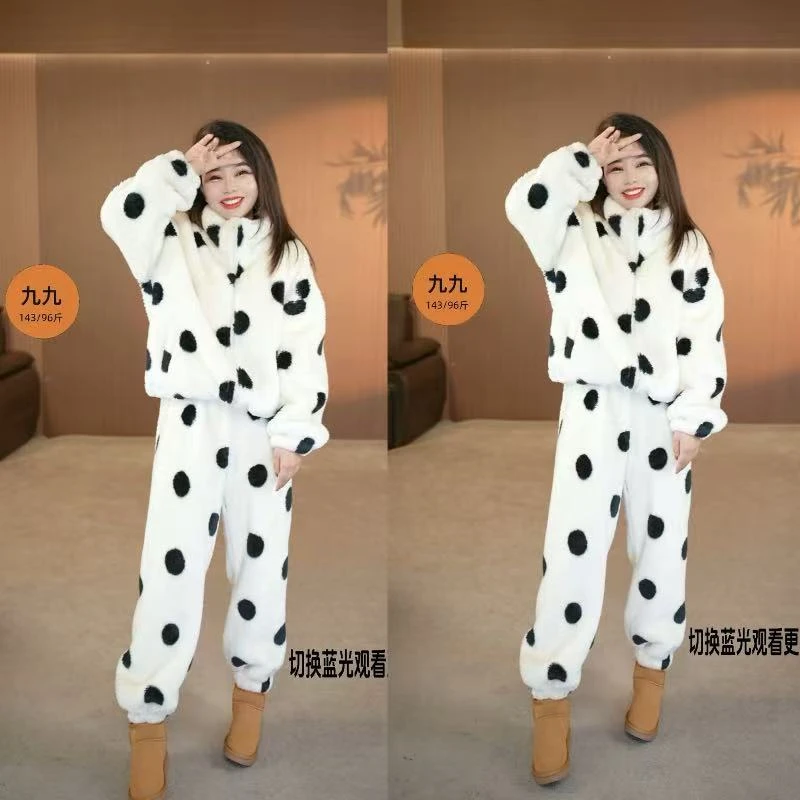 定制小个子秋冬季韩版波点可爱加厚保暖珊瑚绒套装睡衣【运补6元】