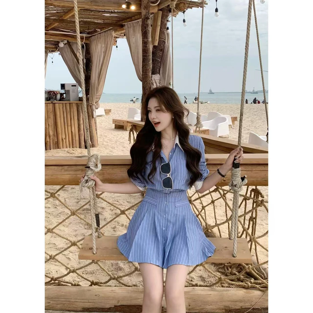 SZA【落月花神】春季新款蓝色条纹气质收腰衬衫连衣裙套装A-1512