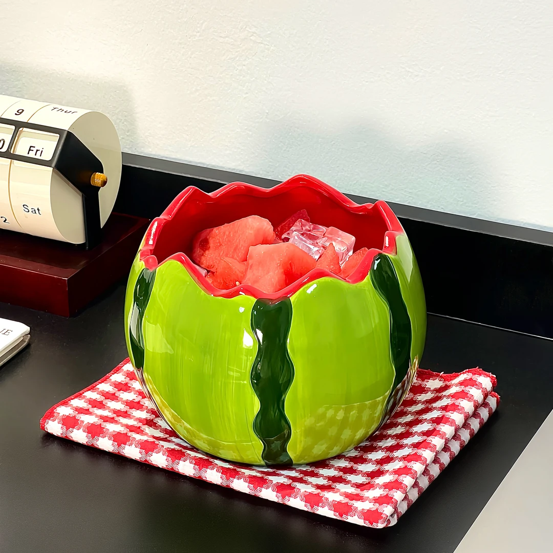 创意西瓜果叉筒大号西瓜陶瓷碗家用高颜值装饰品摆件沙拉碗泡面碗