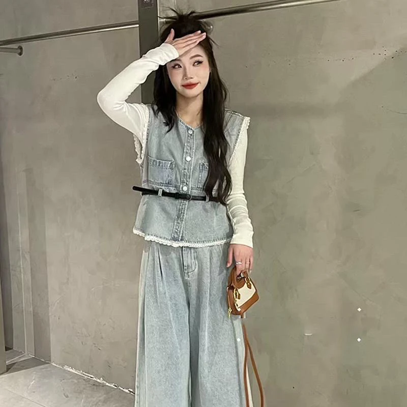 蕾丝拼接牛仔马夹+衬衫阔腿裤三件套送腰带女6966春季新款套装潮