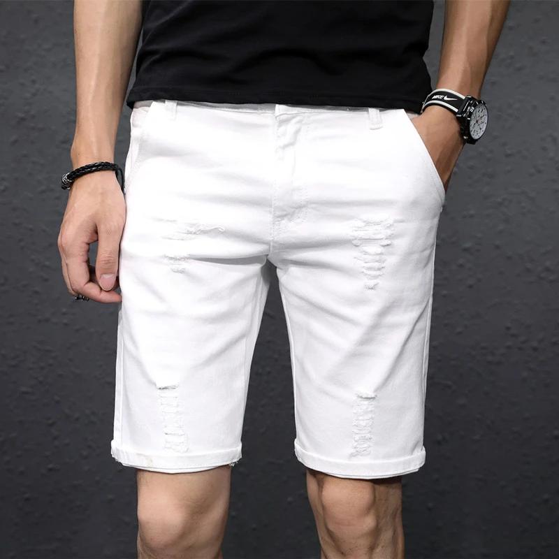 仓石一树夏季白色破洞牛仔短裤男五分裤韩版潮流宽松弹力休闲中裤