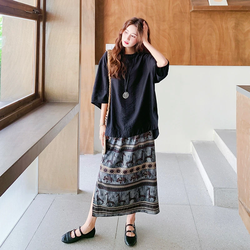 气质慵懒风黑色中袖上衣时尚裙女2025显瘦洋气民族风半身裙两件套