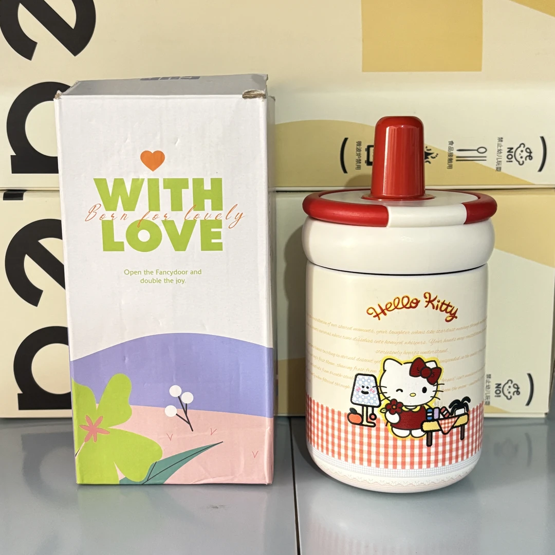 高颜值轻巧陶瓷内胆水杯2025款粉格纹KT猫保温杯大容量便携吸管杯