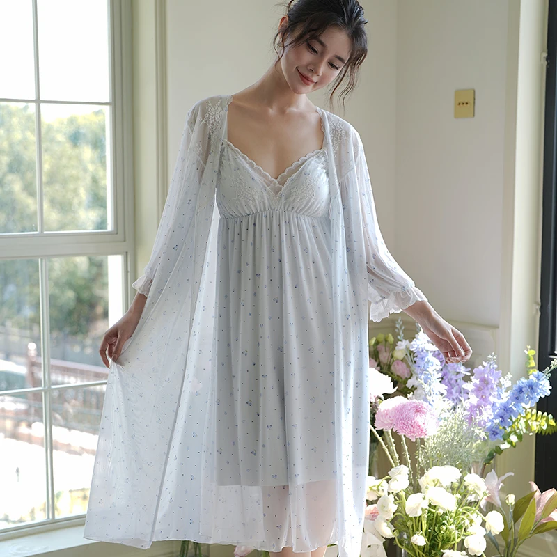 苏雅婷秋季新中长款蕾丝甜美碎花睡裙法式初恋风甜美网纱睡袍睡衣