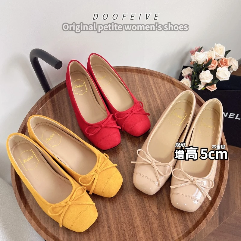 朵菲雯DOOFEIVE~法式蝴蝶结小香风方头芭蕾鞋内增高5CM夏季女单鞋