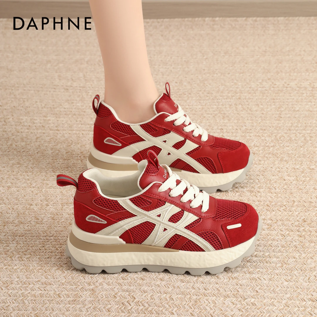 达芙妮厚底红色老爹鞋女2025新款秋季内增高舒适百搭休闲鞋运动鞋