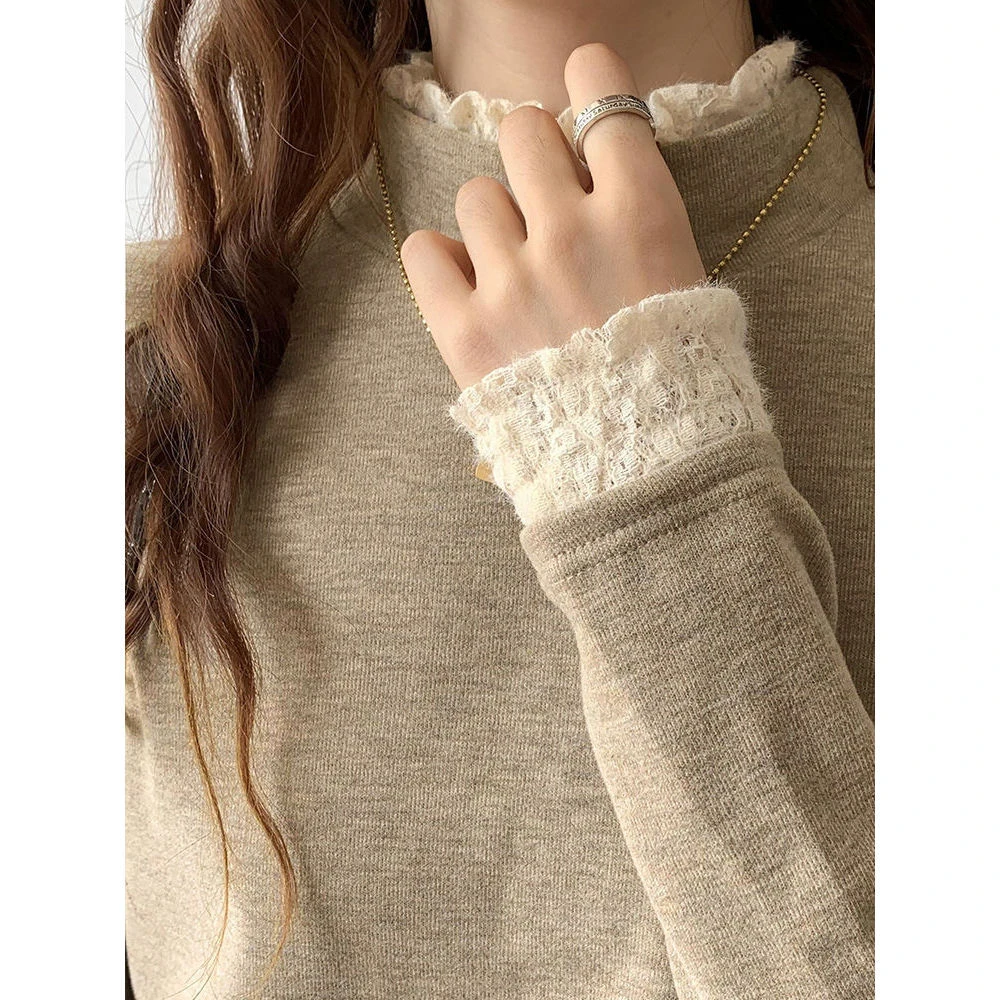 立领德绒蕾丝打底衫女内搭半高领春秋冬季加绒长袖t恤设计感上衣