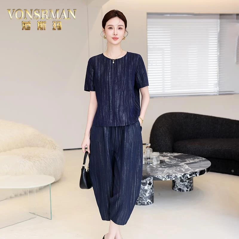 Vonsrman重磅上衣女士香云纱套装25新款夏季短款高端条纹气质