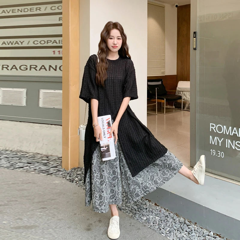 针织镂空开叉罩衫印花阔腿裙裤2025夏季新款松弛感气质韩版两件套