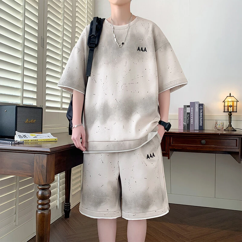 T08-新款现货夏季美式男士休闲运动套装潮流上衣半袖宽松青少年