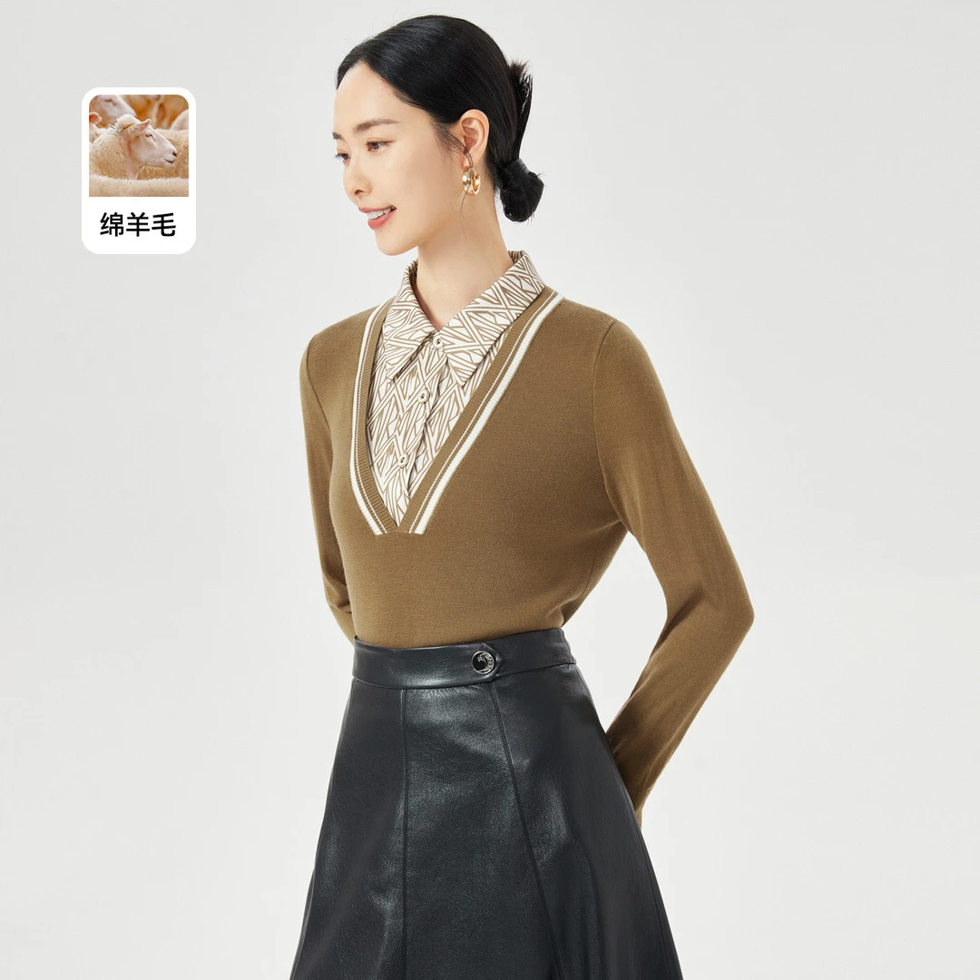 【婷婷专属】含羊毛亲肤软糯洋气简约长袖拼接针织小衫女商场同款
