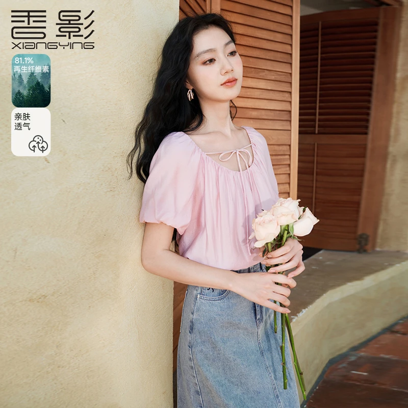 S843054蕾丝衫 香影泡泡袖上衣女夏秋新款宽松低领锁