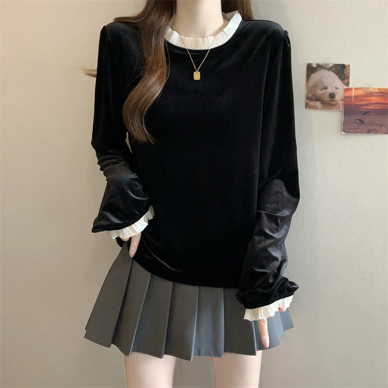 大码法式复古黑色丝绒衬衫秋冬款胖MM宽松遮肚高级感洋气小杉上衣