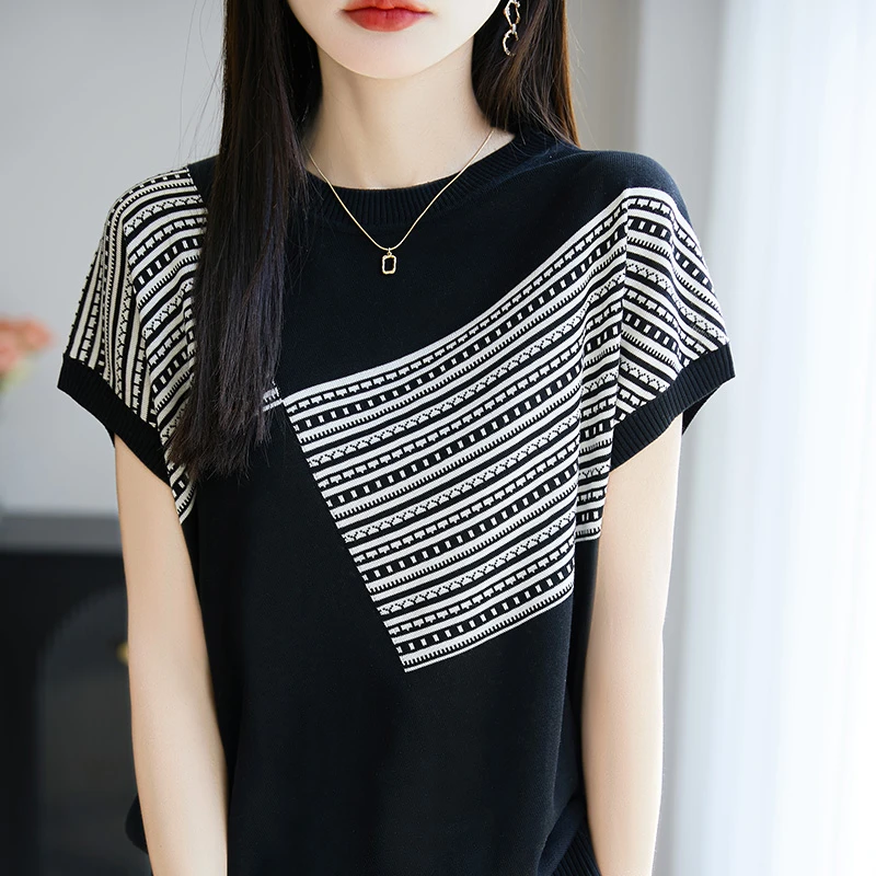 短袖T恤女夏季新款欧货时尚圆领撞色套头小衫 休闲显瘦百搭上衣潮