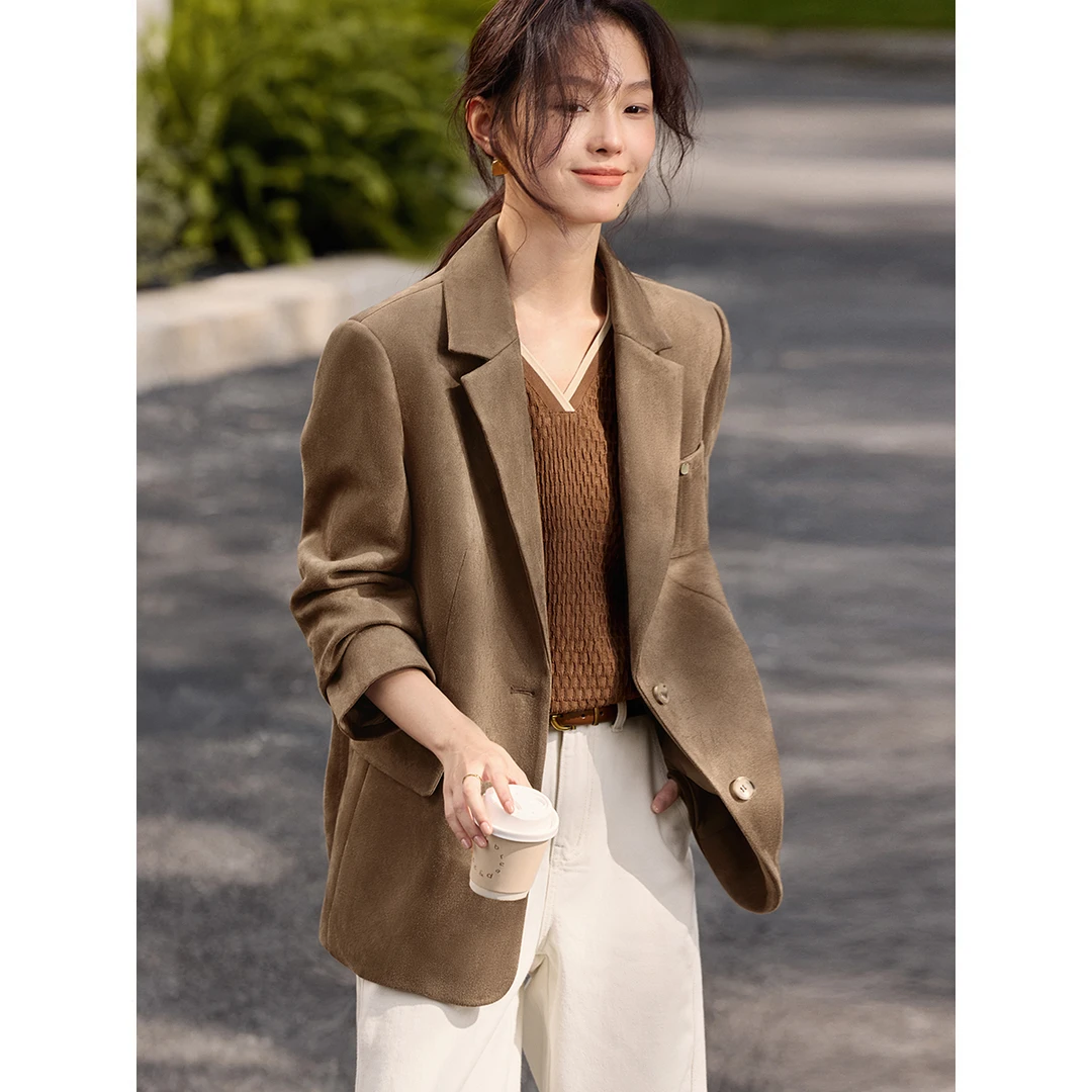 XWI/欣未时髦通勤西装外套女2025秋通勤麂皮西装外套时尚极简