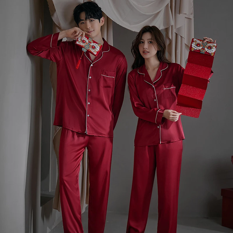 高品质情侣新婚四季通用冰丝长袖长裤套装简约纯色酒红色黑色高级
