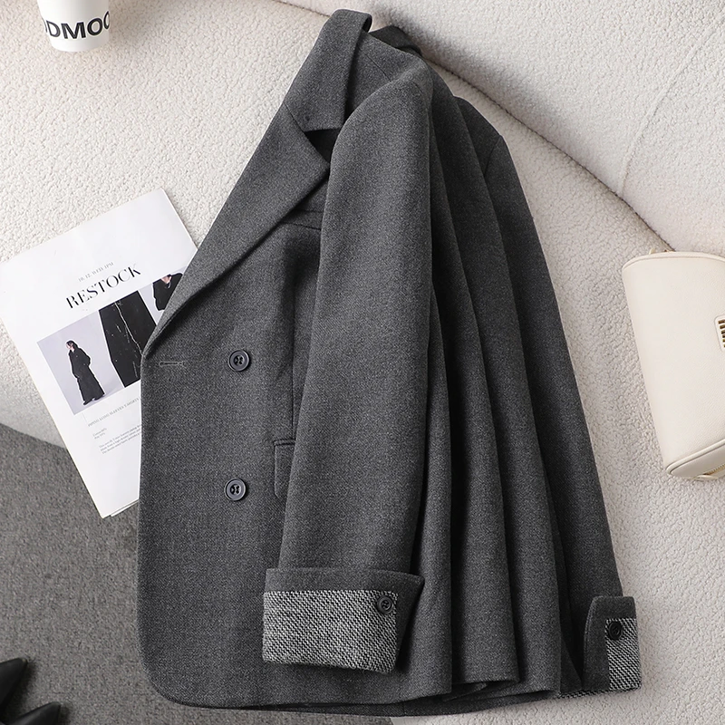 灰色毛呢西装外套女秋冬2025新款时尚气质高级感休闲女士西服上衣