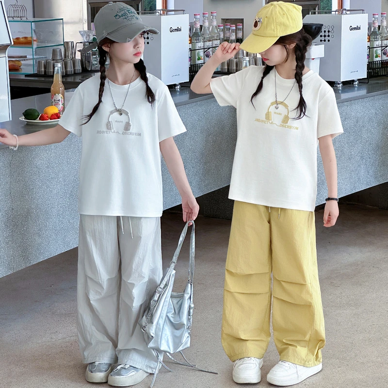 女童夏装套装2025纯棉儿童洋气耳机刺绣T恤运动休闲工装裤两件套