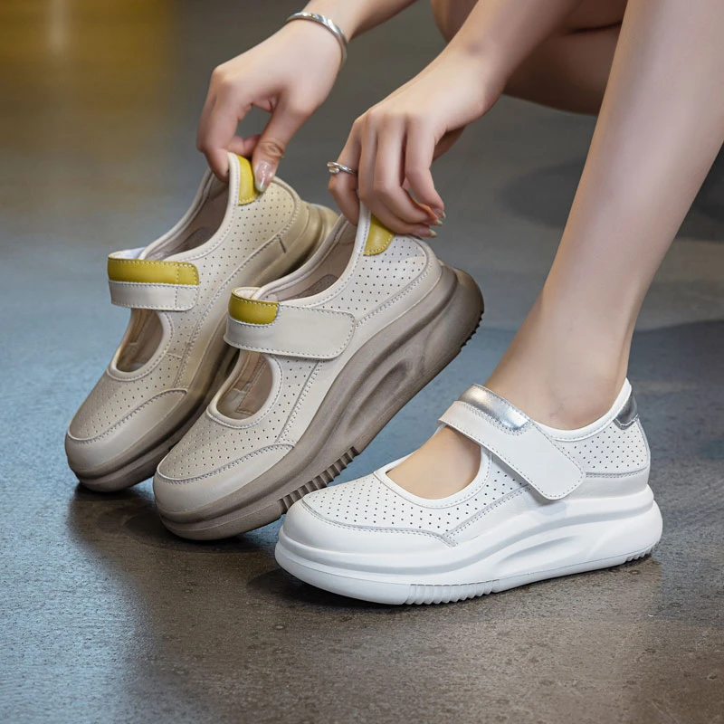 4.5CM 头层牛皮夏季休闲鞋透气镂空软底防滑百搭复古厚底平底女鞋