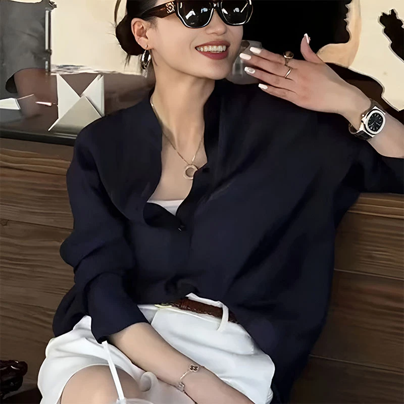 法式性感长袖防晒翻领设计感衬衫女2025新款夏季高端百搭气质上衣