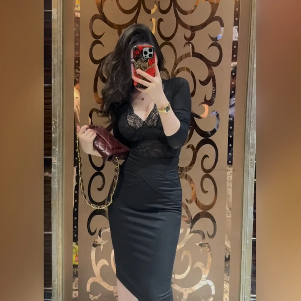 微胖轻熟风性感气质长袖蕾丝衫女早春纯欲高腰弹力包臀半身裙套装