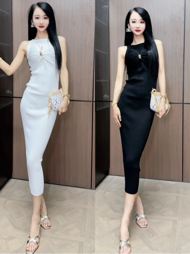 【茹哥】纯欲风扭结镂空无袖收腰针织裙子显身材包臀长裙