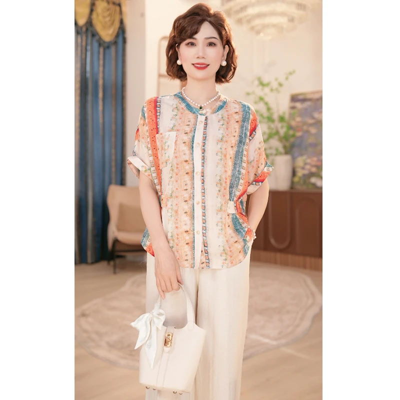 2025新款妈妈装夏季时尚气质中年女装宽松新中式小衫套装