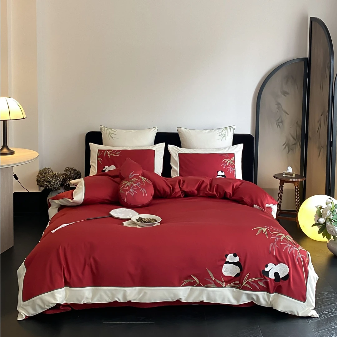 不老的爷爷zb新miu中式风高支高密全棉重工刺绣款四件套—熊猫