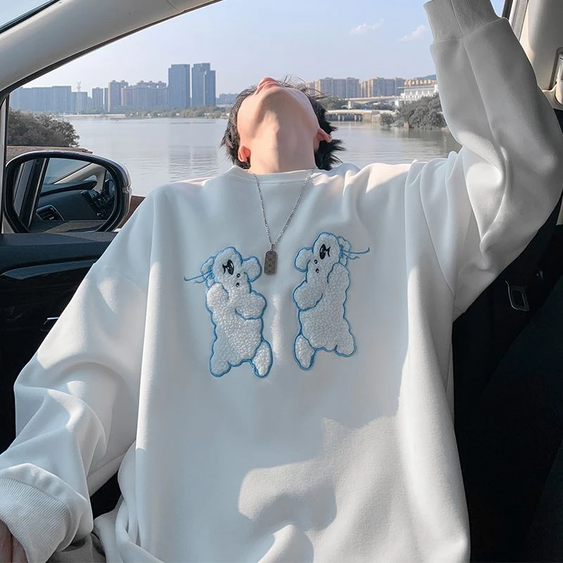 2025秋季新款港风潮流重磅小狗毛巾绣华棉大码宽松情侣卫衣男女款