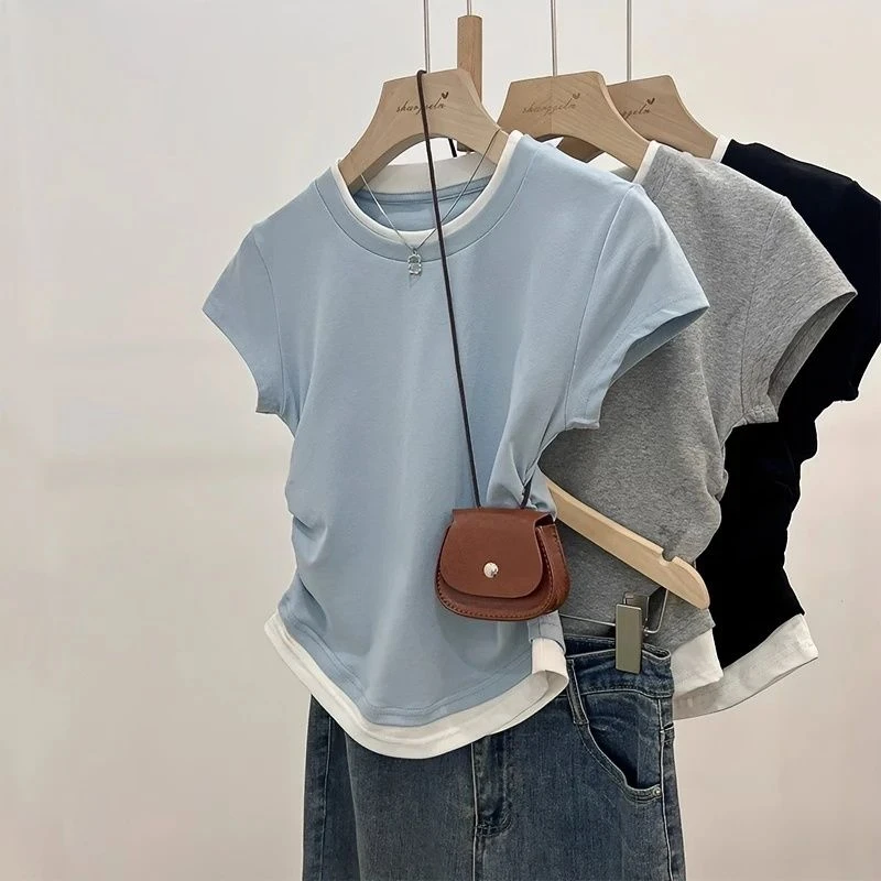 短款拼接短袖修身收腰T恤女显瘦夏季打底衫夏装韩版时尚气质上衣