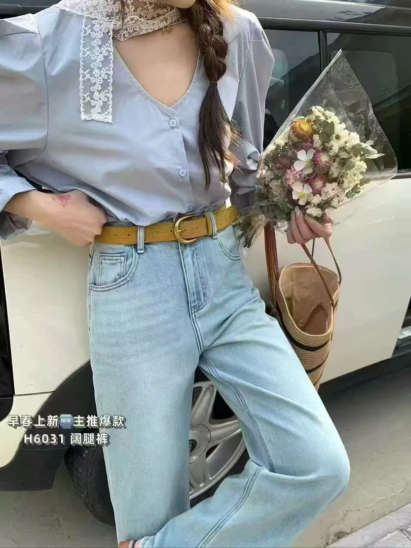 COCO NOTES A07春款浅蓝色绣花休闲裤高腰牛仔裤