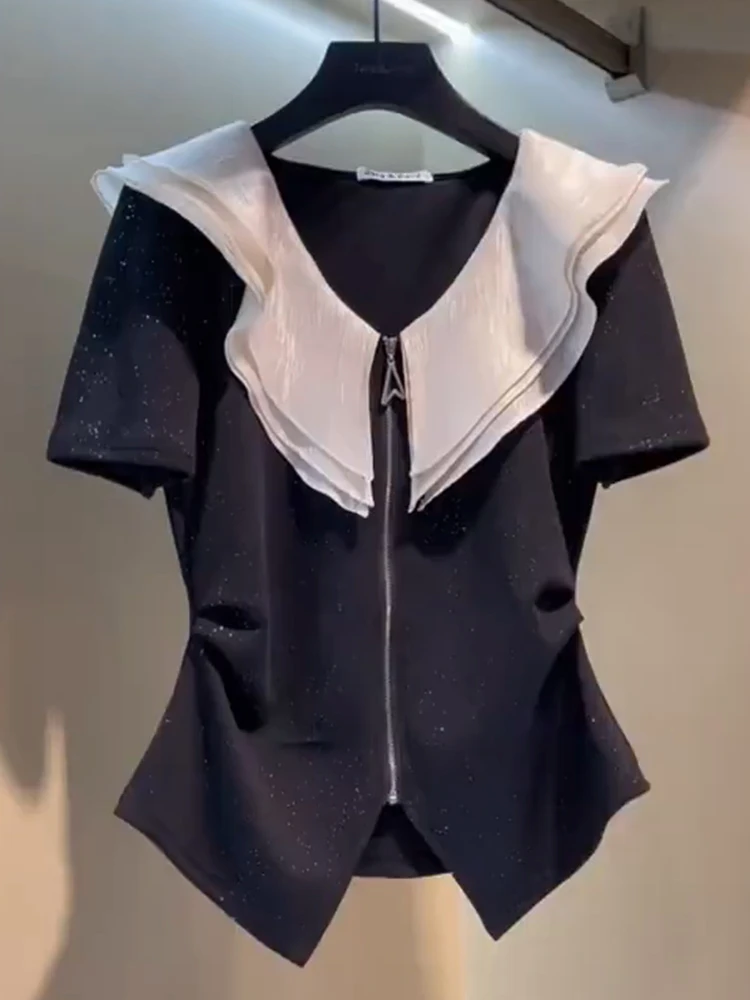 黑色荷叶边短袖t恤女2025夏季新款设计感小众娃娃领拉链开衫上衣