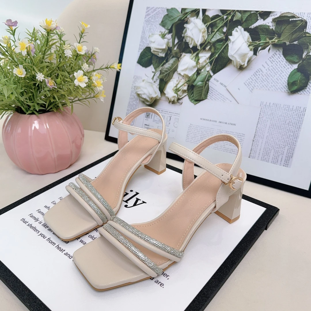 法式一字带凉鞋女夏季新款外穿仙女风水钻露趾粗跟高跟鞋W322-6