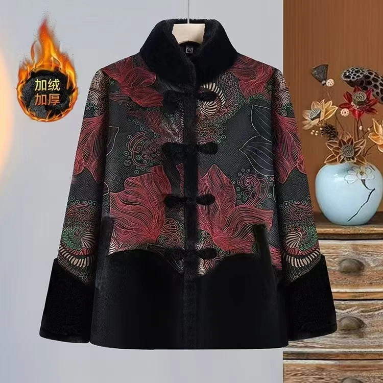 11732-老年人女装冬装外套皮毛加绒一体妈妈衣服老太太棉袄