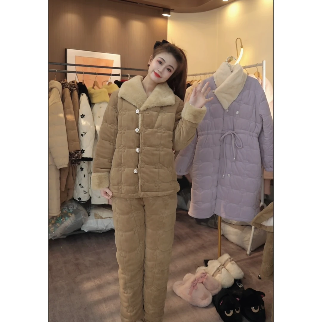 【秀秀家】冬季上新《焦糖可可》三层夹棉加绒加厚保暖睡衣套装家居服