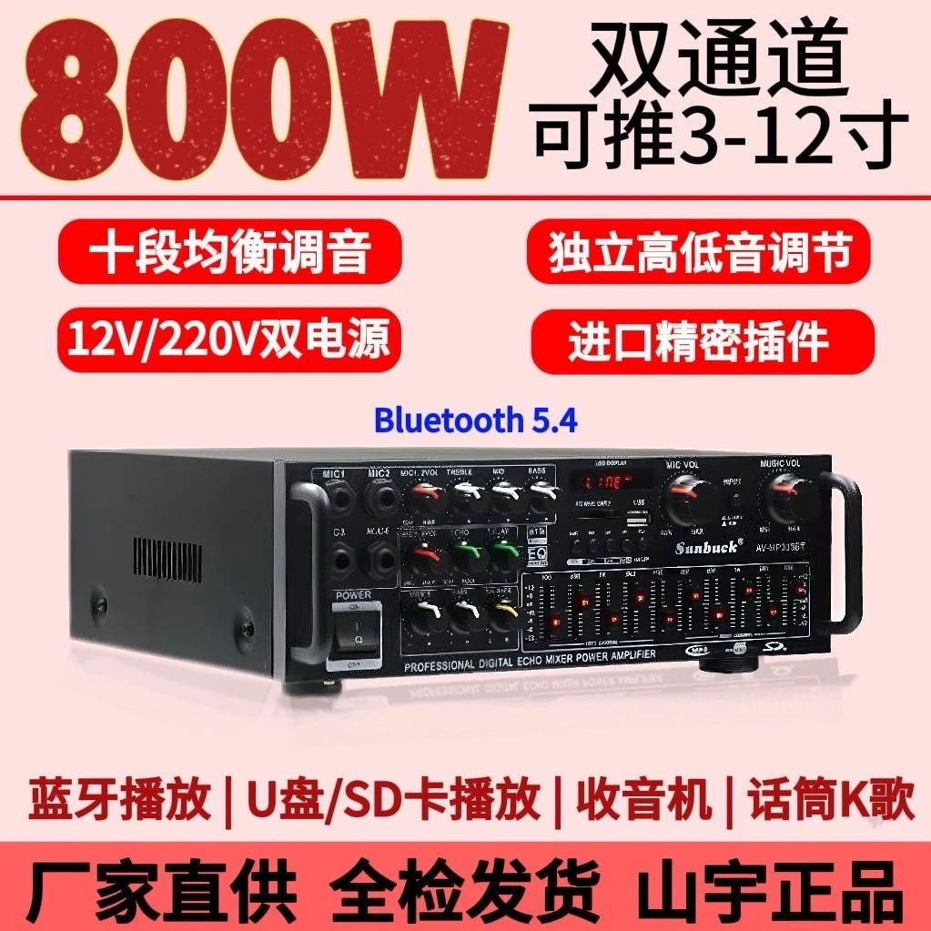 220V家用大功率蓝牙EQ均衡器12V广场舞放大器户外音响功放机专业