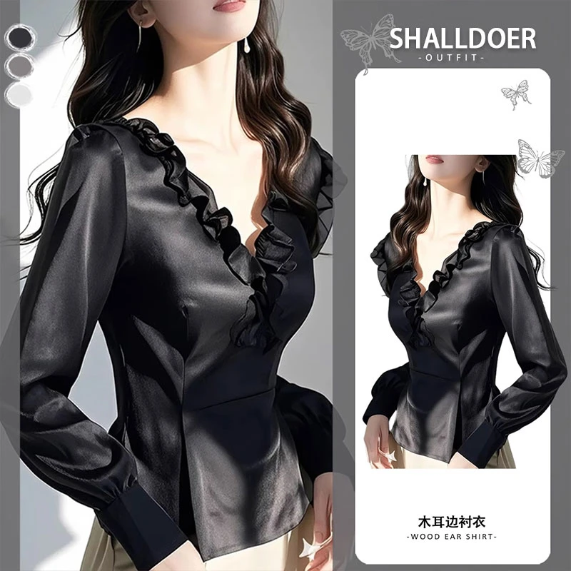2025春秋季新款v领木耳边拼接衬衫女士洋气衬衣百搭显瘦长袖上衣