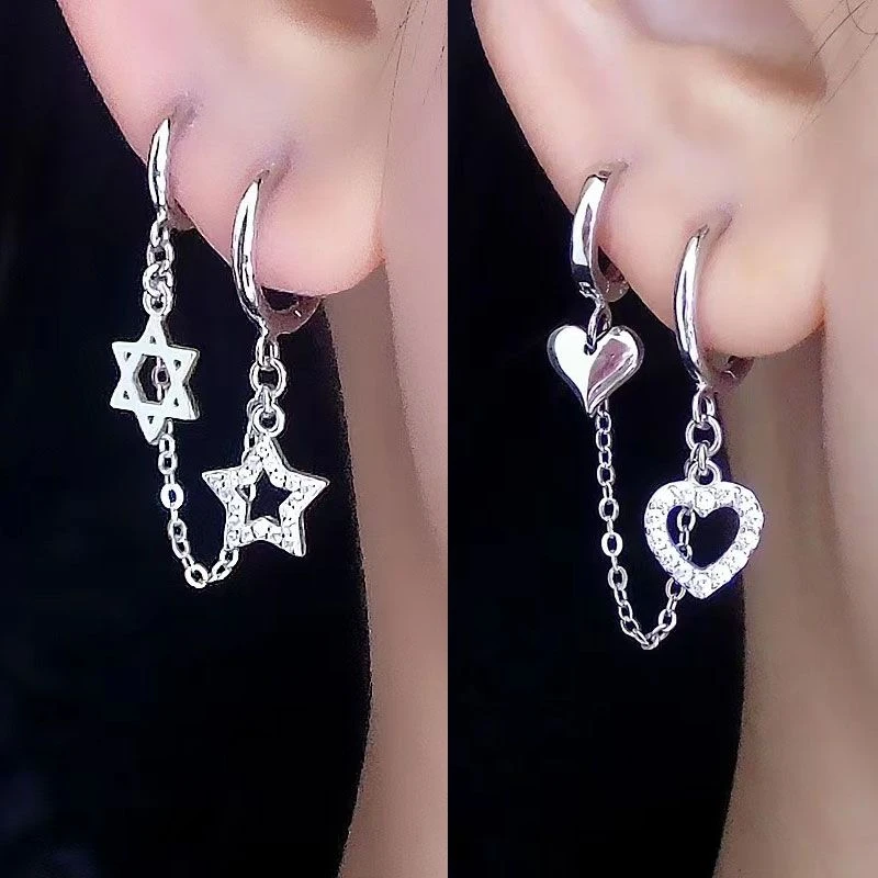 铜合金耳饰 双耳洞连体耳环耳骨一体式耳扣耳圈耳坠高级感