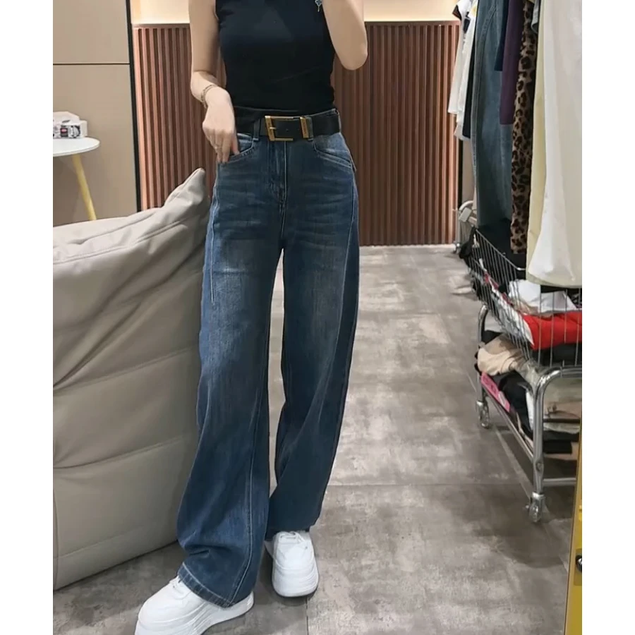 蓝色窄版直筒阔腿牛仔裤女2025秋季梨形身材大码高腰遮肉显瘦长裤