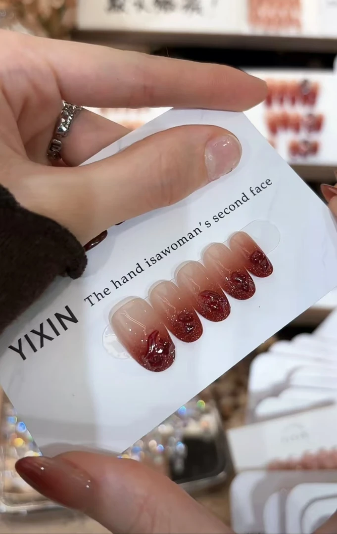 安可拉红-现货48H飞 壹心纯手工穿戴甲 可拆卸假指甲贴10片装