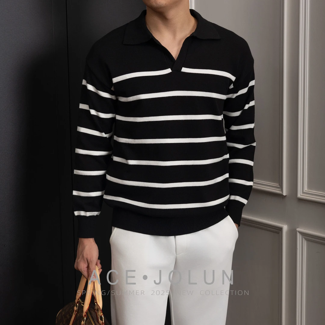 【清】斑马纹秋冬新贵针织衫长袖男士轻奢老钱风设计感POLO领毛衣